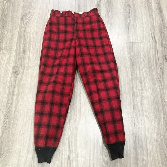 Vintage Woolrich Wool Pants Size 28 Buffalo Plaid Red Black Hunting Lumberjack - Picture 1 of 6